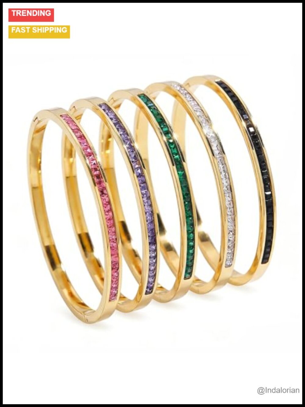 5-Piece 18K Gold Plated Stackable Bangle Bracelet Set CZ Stainless Steel